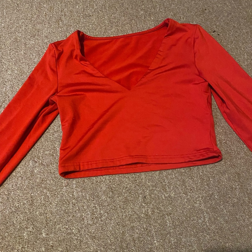 Red Long Sleeve V-Neck Top